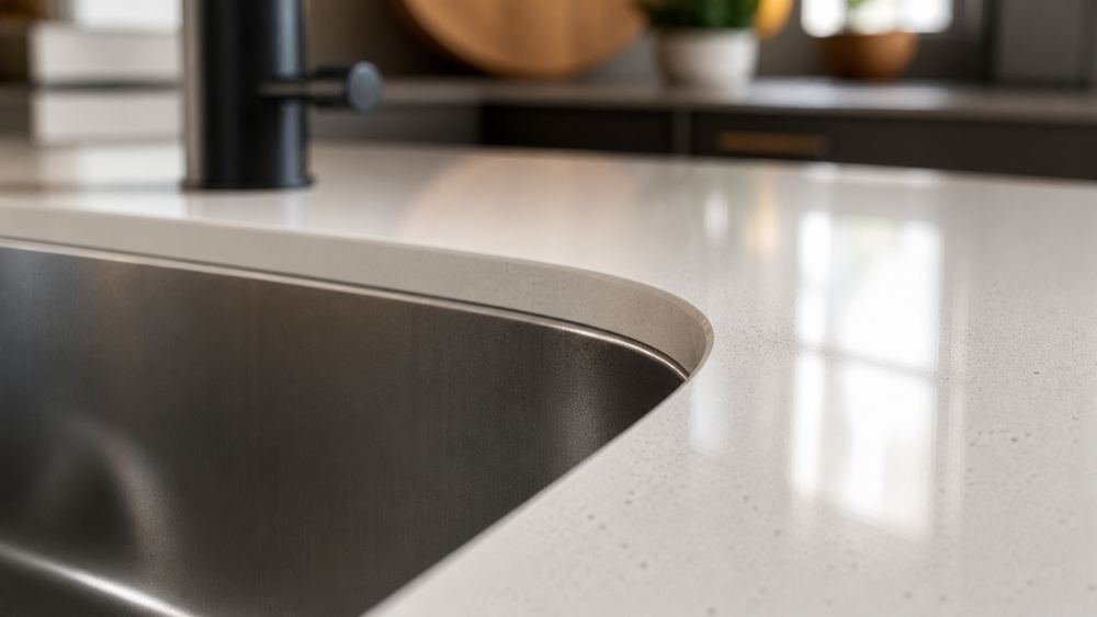 Stainless steel undermount sink set into a white quartz worktop